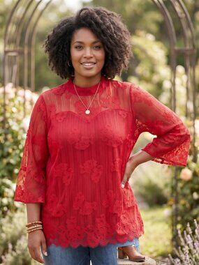 Shannon Ford Lace Top 2X Red Boho Chic Bell Sleeve High Neck Romantic Whimsigoth